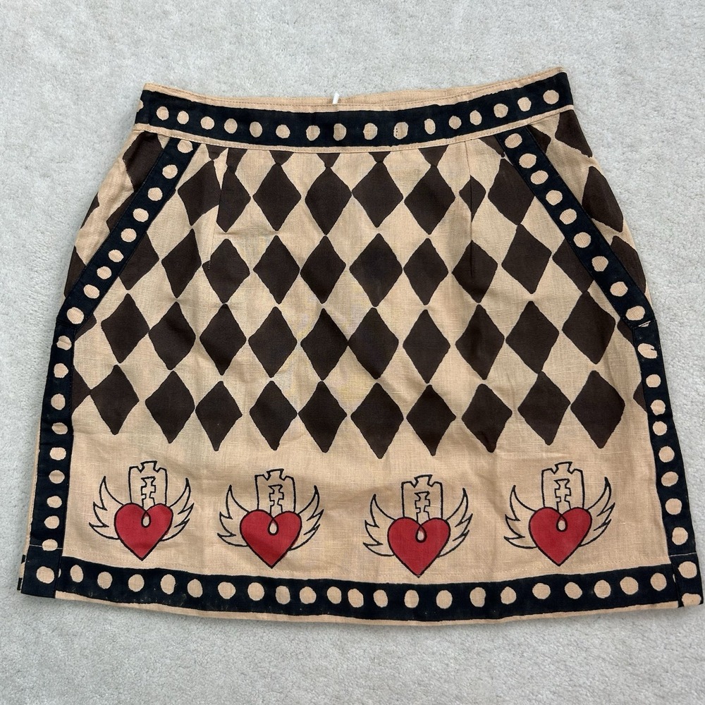 MO MAYA Love Hurts Linen Mini Skirt XS Heart Pockets